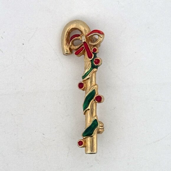 Estate Holiday Candy Cane Key Brooch, Red Green Enamel, 2" Gold Tone, 7.6g - Picture 1 of 5